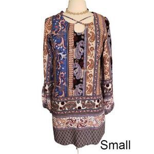 Women's Dress Chic Long Sleeve Vibrant Paisley Tunic Dress Small